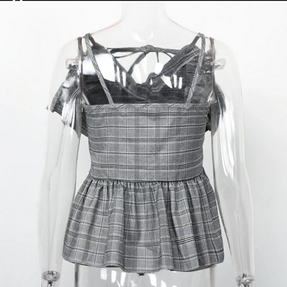 Gray Plaid Ruffle Blouse - Picture 6 of 6